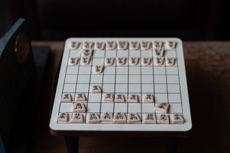A scene of shogi (Japanese chess) being played with pieces lined upの写真素材