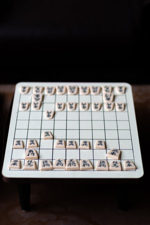 A scene of shogi (Japanese chess) being played with pieces lined upの写真素材