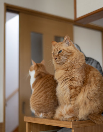 Cute cat sitting and staringの写真素材