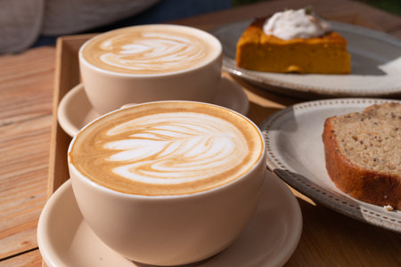 Drinking coffee in a stylish cafeの写真素材