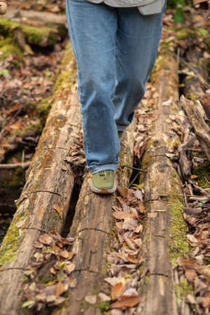 Crossing a slippery log bridgeの写真素材
