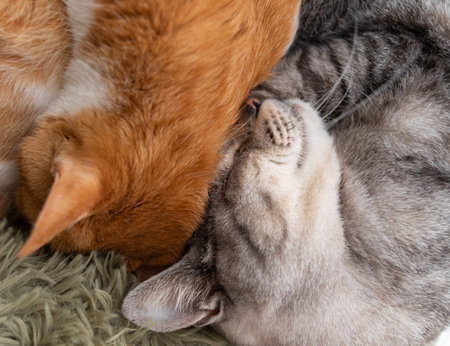 Two cats sleeping by the windowの写真素材