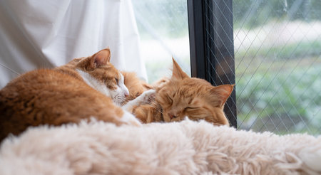 Two cute cats relaxing by the windowの写真素材