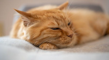 Close-up of a cute cat's sleepy faceの写真素材