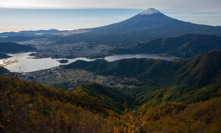 Beautiful view of Mt. Fuji from Shindo Pass in autumn when leaves the turn redの写真素材