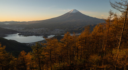 Beautiful view of Mt. Fuji from Shindo Pass in autumn when leaves the turn redの写真素材