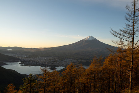 Beautiful view of Mt. Fuji from Shindo Pass in autumn when leaves the turn redの写真素材