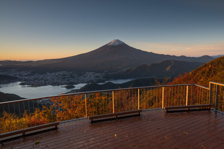 Beautiful view of Mt. Fuji from Shindo Pass in autumn when leaves the turn red