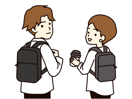 Young men and women looking back with a backpack.のイラスト素材