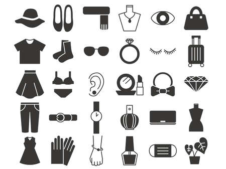 Fashion icon set. Black and white illustration. Clothing, accessories, cosmetics, etc.のイラスト素材