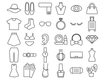 Fashion icon set. Black line drawing. Clothing, accessories, cosmetics, etc.のイラスト素材