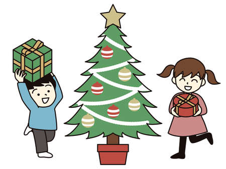 Boys and girls holding Christmas gifts.のイラスト素材