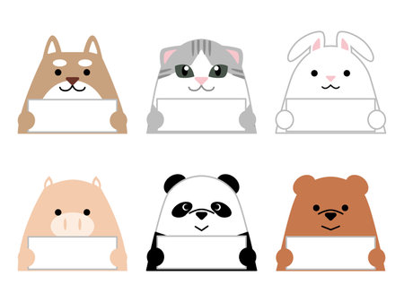 Animals holding a whiteboard. Dog, rabbit, pig, panda, cat and bear.のイラスト素材
