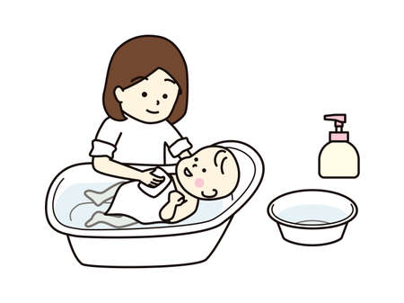 Mother bathing her baby in a baby bath.のイラスト素材