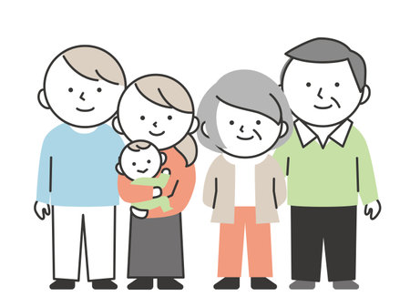 Three generations of family standing side by side. Grandparents, father, mother and baby.のイラスト素材