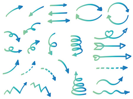Bright blue and green gradient handwritten twirling arrows set. Heart marks, twirling arrows, twisted arrows, semicircular arrows, etc.のイラスト素材
