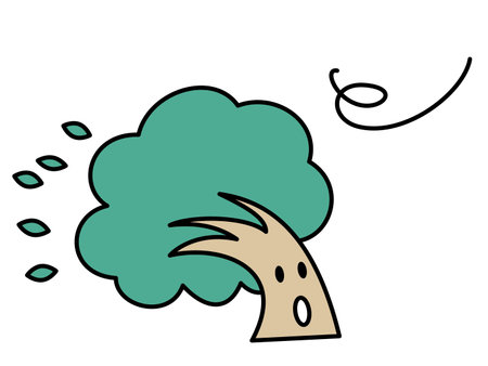 A tree character that is blown by a strong wind. A cute illustration of a deformed tree.のイラスト素材