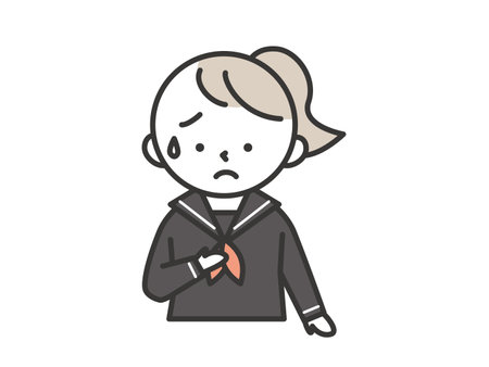 A female student with a cold sweat and an uneasy expression putting her hand on her chest.

Simple style illustrations with outlines. A female student wearing a sailor suit.のイラスト素材