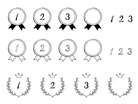 Ranking material of medals with ribbons and laurels. Black-and-white hand-drawn line drawings.のイラスト素材