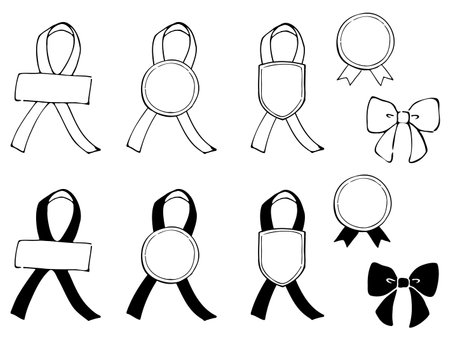 Ribbon frame with label sticker. Black-and-white hand-drawn line drawings. Illustration of a twisted ribbon fixed with a sticker.のイラスト素材