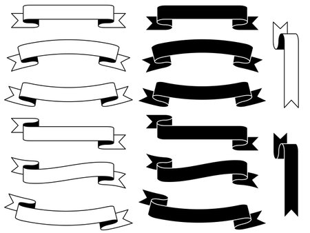 A set of simple monochrome title ribbons. black and white. There are two types of ribbon, one with only one side pleats and the other with both side pleats.のイラスト素材