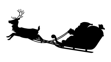 Silhouette of Santa Claus riding a reindeer sleigh flying through the sky. Christmas illustration material.のイラスト素材