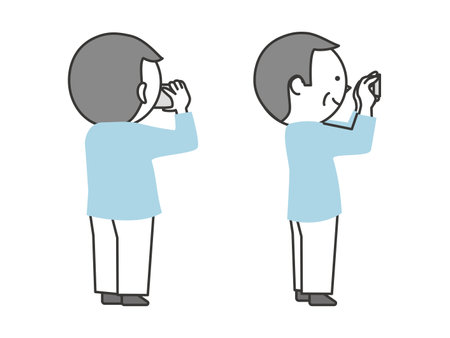 A man taking photos and videos with a smartphone. A simple and cute cartoon-style senior illustration.のイラスト素材