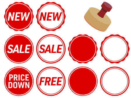 Promotional stamp set for SALE, NEW, etc.

Circular rubber stamp with red ink.のイラスト素材