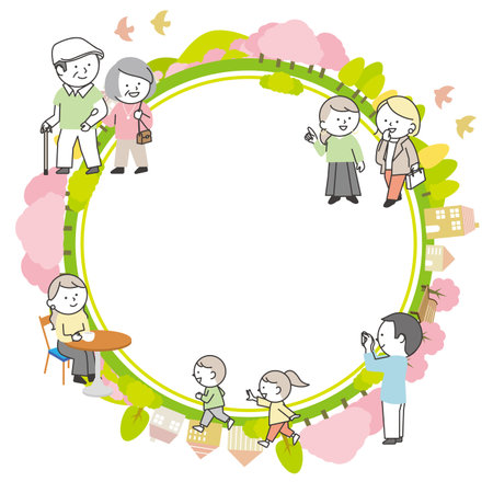 Circular frame of spring cityscape with cherry blossoms and people of various ages.A variety of people, including children, adults, and seniors, are having fun.のイラスト素材
