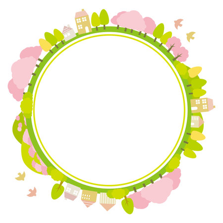 Circular frame of spring cityscape with cherry blossoms. Bright and cute flat style illustration.のイラスト素材