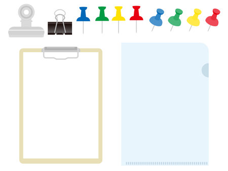 Set of binder, clear file, clips and thumbtacks. Simple illustration in flat design.のイラスト素材