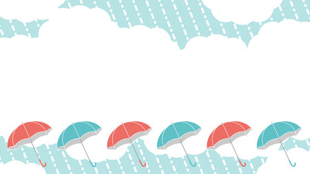 Background material of the sky with colorful umbrellas and rain clouds. Horizontal material with copy space.のイラスト素材