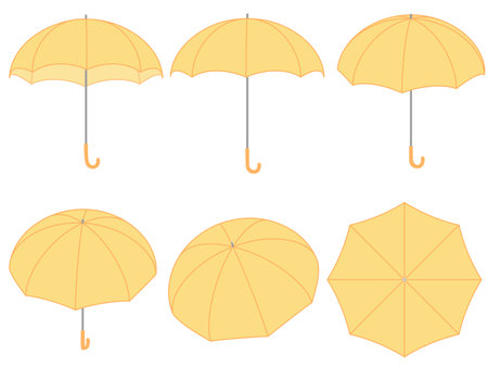 Illustration material set of a yellow umbrella seen from various angles such as sideways, directly above, and diagonally.のイラスト素材