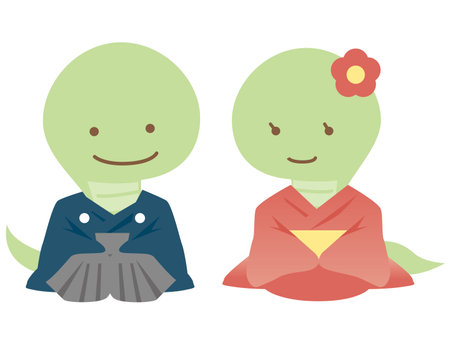 Two snakes wearing kimono and sitting seiza. New Year's card illustration material for the Year of the Snake.のイラスト素材