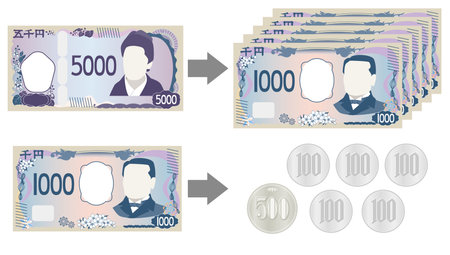 Illustration of exchanging a 5,000 yen bill and a 1,000 yen bill.のイラスト素材