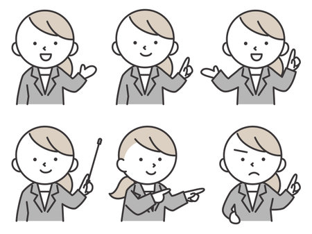 A set of illustrations of a woman in a suit pointing or giving directions. Simple and cute character material.のイラスト素材