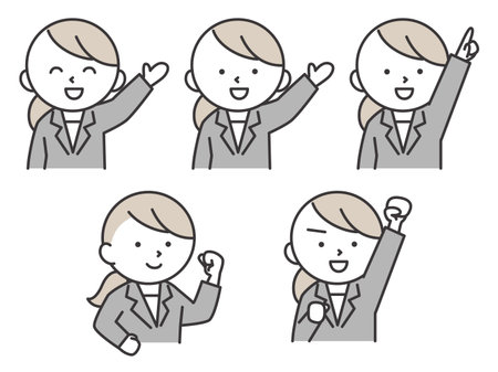 A set of illustrations of women in suits greeting and giving fist pumps. Simple and cute character material.のイラスト素材