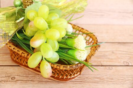 Portion of fresh Green Grapes on vintage wooden backgroundの写真素材