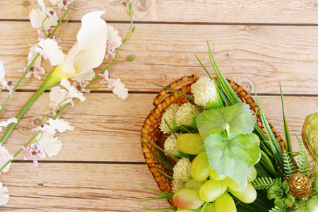 Portion of fresh Green Grapes on vintage wooden backgroundの写真素材