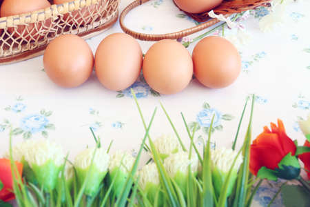 Eggs old vintage style on retro backgroundの写真素材