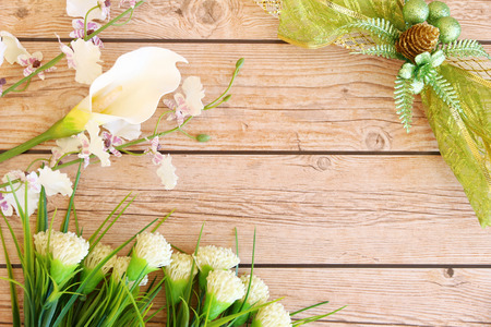 flowers over grunge wooden backgroundの写真素材