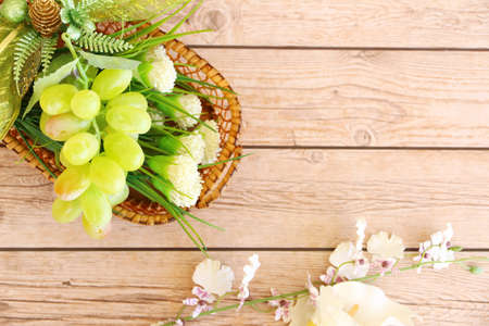 Portion of fresh Green Grapes on vintage wooden backgroundの写真素材