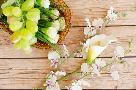 Portion of fresh Green Grapes on vintage wooden backgroundの写真素材