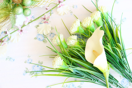 flowers over grunge wooden backgroundの写真素材