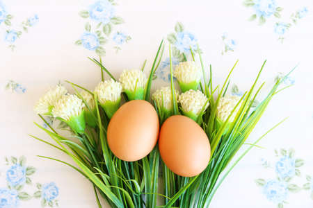 Fresh eggs on wood backgroundの写真素材