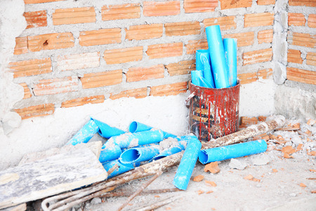 Stacked blue PVC plumbing tubes.のeditorial素材