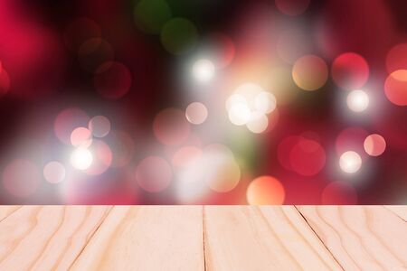 Christmas holiday background with empty wooden over festive bokeh. From my idea.