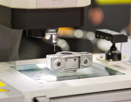 operator inspection dimension aluminium automotive part  by CMM after machining in industrial factoryの写真素材