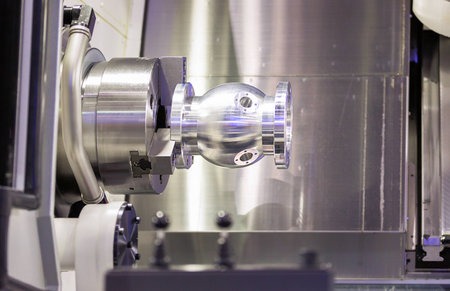 operator turning aluminium autopart by cnc lathe in industrial factoryの写真素材