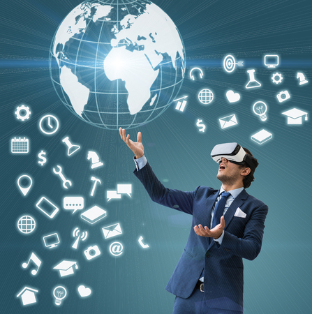business man use VR virsual for future business and earn money form social media, Shock acting and...